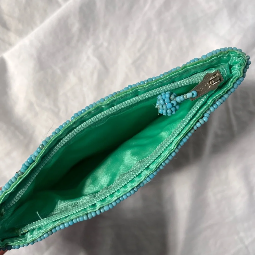 Beaded Turquoise White & Gold Wristlet Clutch